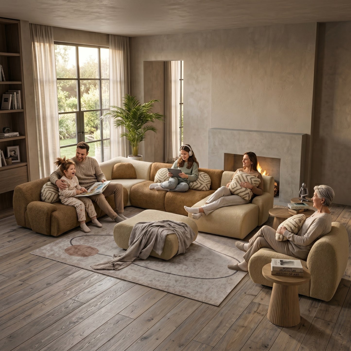 Vision Corner Premium Beige Fabric Modular Sofa Set | Luxury L-Shape Corner Sofa | Modern Living Room Furniture