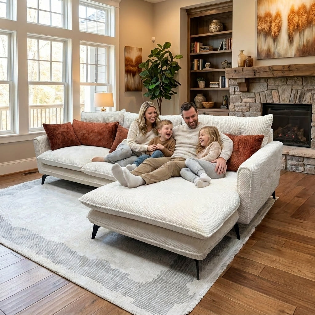 Luxury Cream Cloud Sectional Sofa with Rust Accent Cushions
