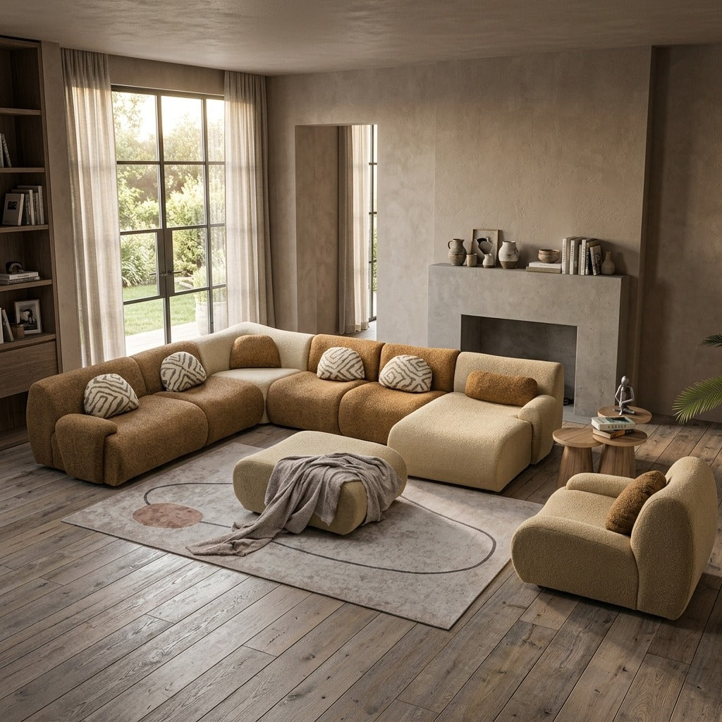 Vision Corner Premium Beige Fabric Modular Sofa Set | Luxury L-Shape Corner Sofa | Modern Living Room Furniture