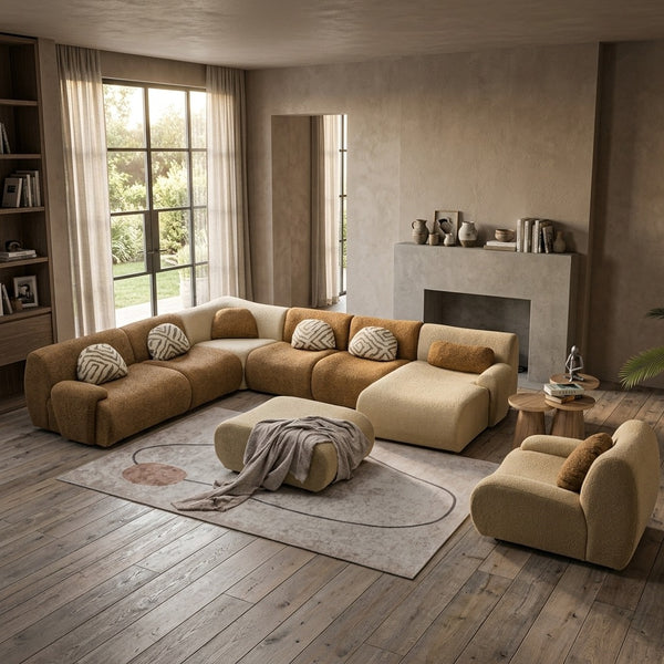 Vision Corner Premium Beige Fabric Modular Sofa Set | Luxury L-Shape Corner Sofa | Modern Living Room Furniture