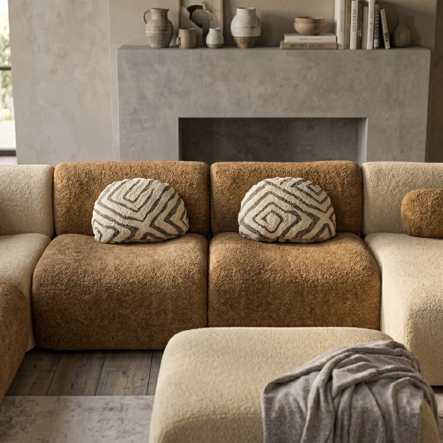 Vision Corner Premium Beige Fabric Modular Sofa Set | Luxury L-Shape Corner Sofa | Modern Living Room Furniture